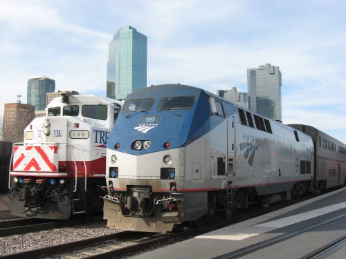 Amtrak's Texas Eagle, on the right, and a Trinity Railway Express train, on the left, in downtown Fort Worth.